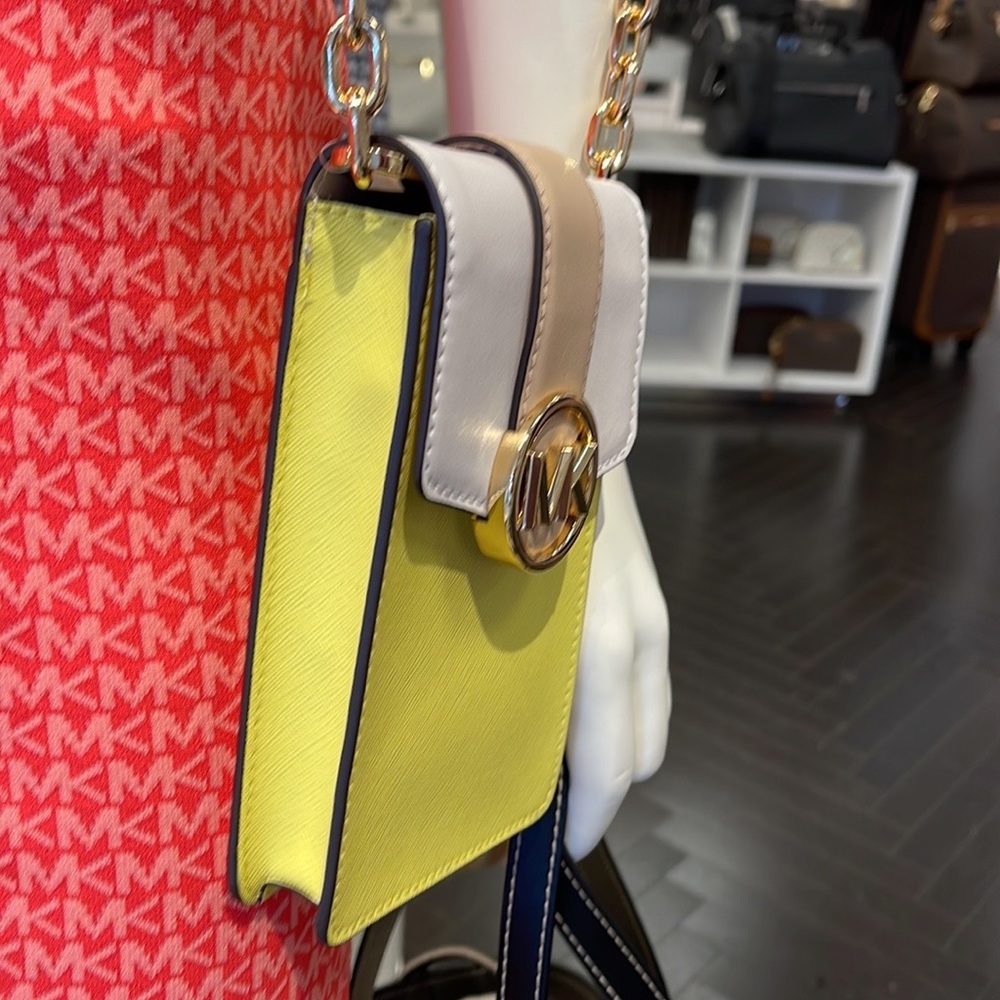 Michael Kors Carmen Small Color-Block Faux Leather Phone Crossbody Bag Sunshn - Picture 6 of 16